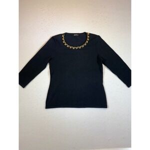 J McLaughlin Black 3/4 Sleeve Sweater Gold Chain Neckline Women's XS